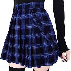 A-Line Decorative Strap Plaid Pleated Mini Skirt (blue)